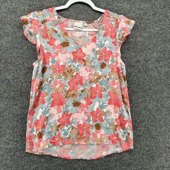 ICHI Blouse Top Womens XS Pink Floral V-Neck Soft Feminine Boho Romantic Pastel - Picture 1 of 10